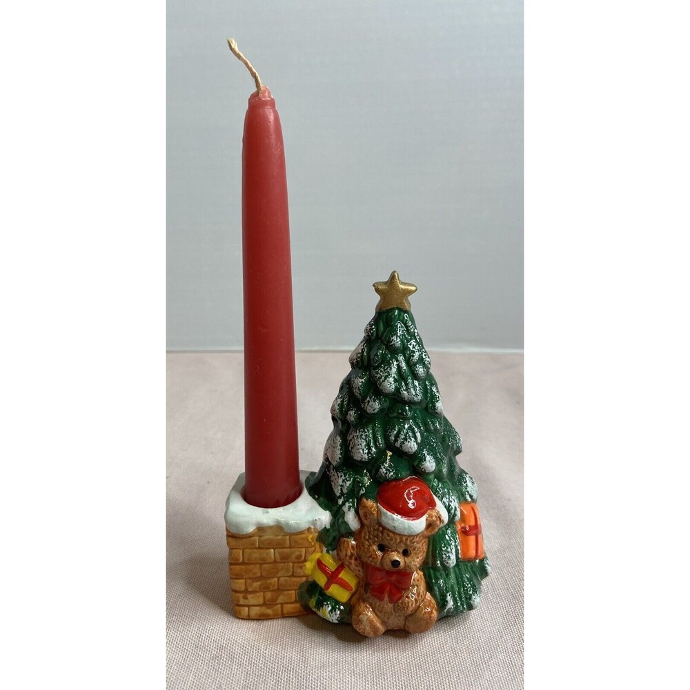 Ceramic Christmas Tree With Bear Taper With Candle Holder